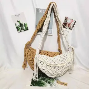 Vintage Cotton Straw Crochet Knitted Crossbody Purse Bag