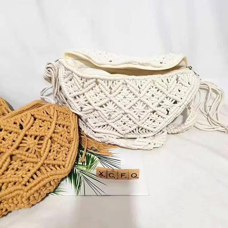 Vintage Cotton Straw Crochet Knitted Crossbody Purse Bag