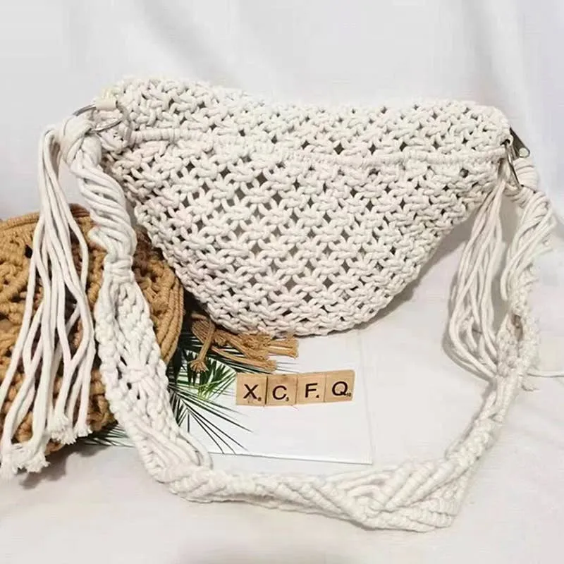 Vintage Cotton Straw Crochet Knitted Crossbody Purse Bag