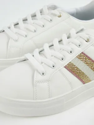 White Shimmer Side Stripe Cupsole Trainers | Women | George at ASDA