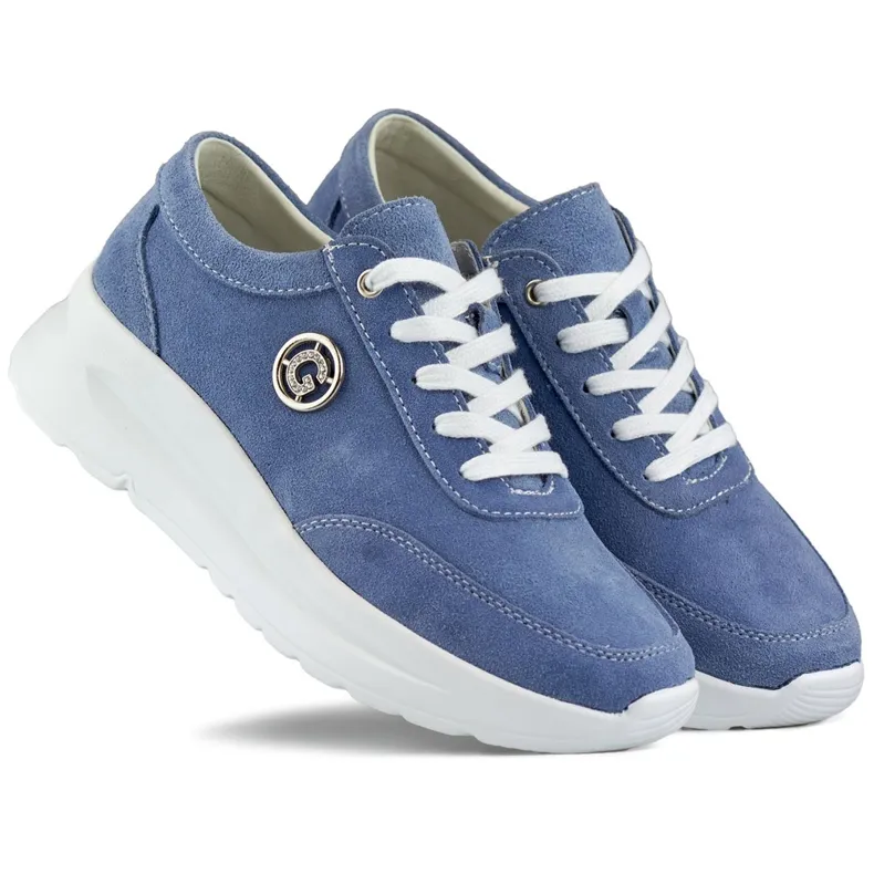 Women's sneakers made of natural leather in jeans color blue