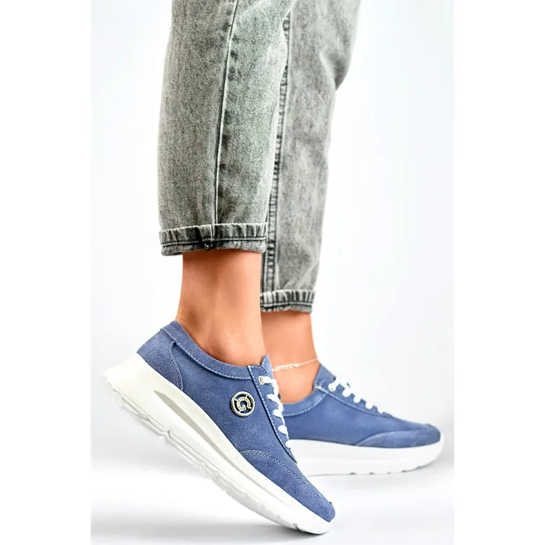 Women's sneakers made of natural leather in jeans color blue