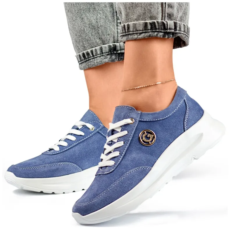 Women's sneakers made of natural leather in jeans color blue