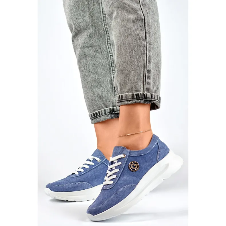 Women's sneakers made of natural leather in jeans color blue